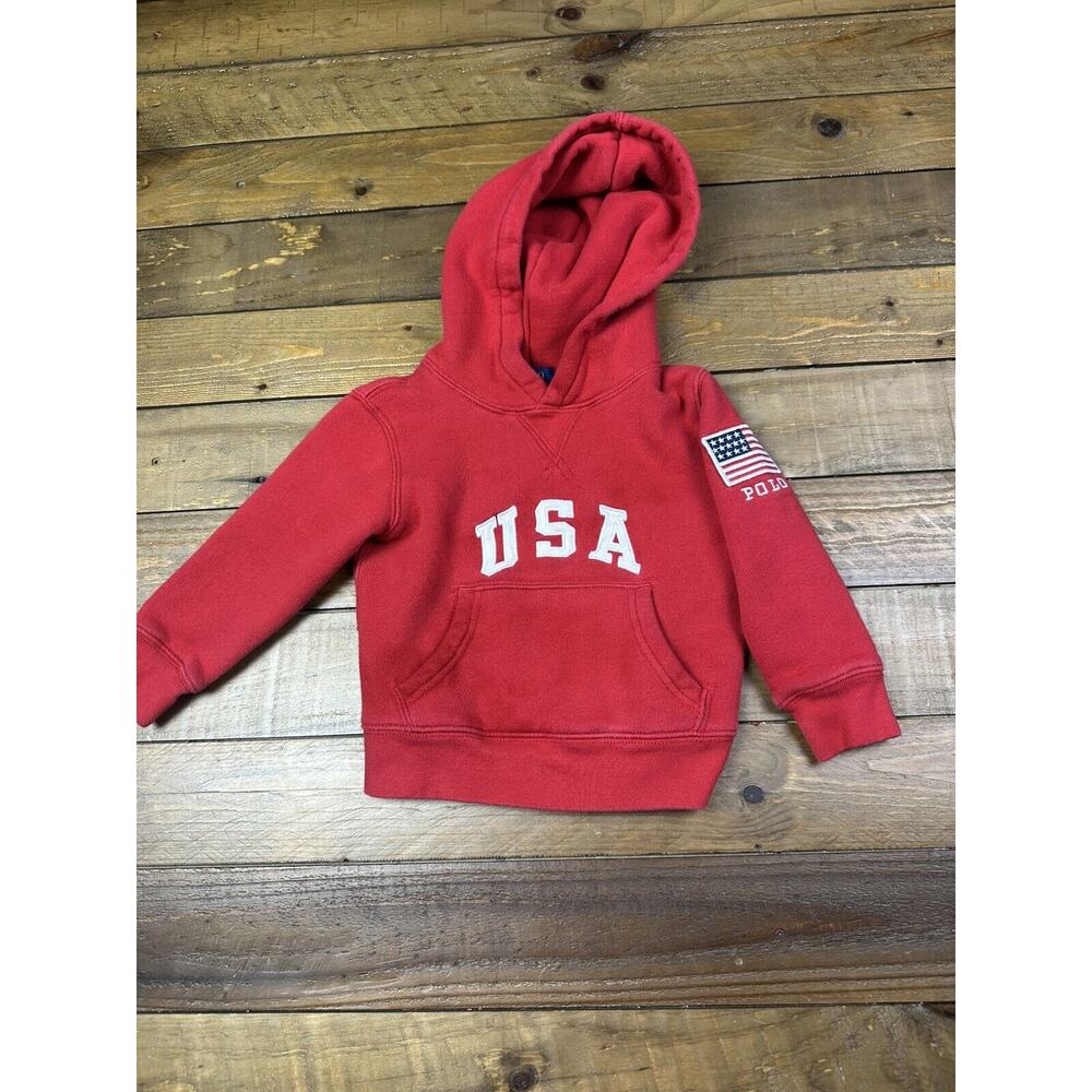 Polo Ralph Lauren Toddler Unisex Embroidered USA Flag Hoodie Size 2 - 2T Red